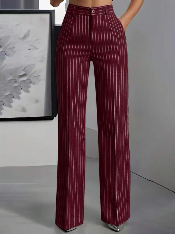 Women's High-Waisted Vertical-Striped Wide-Leg Suit Pants for Commuting