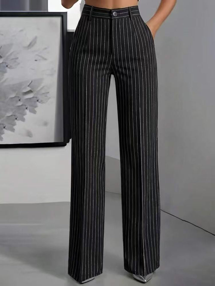 Women's High-Waisted Vertical-Striped Wide-Leg Suit Pants for Commuting