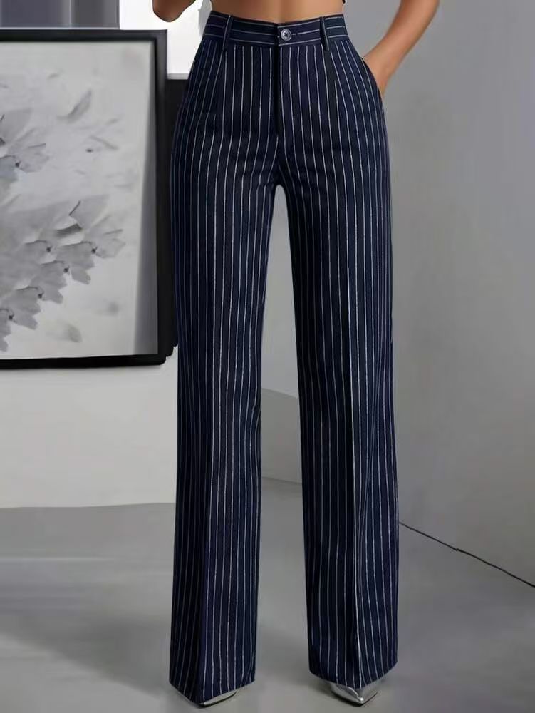 Women's High-Waisted Vertical-Striped Wide-Leg Suit Pants for Commuting