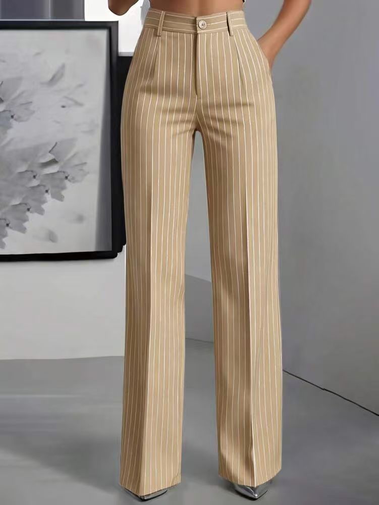Women's High-Waisted Vertical-Striped Wide-Leg Suit Pants for Commuting
