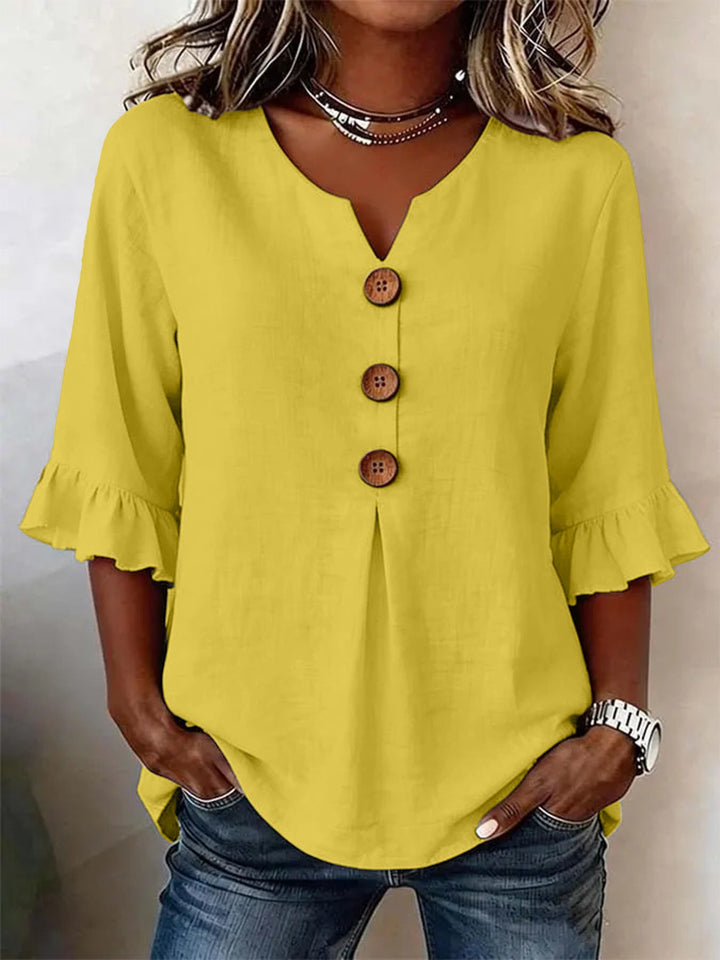 Solid V-Neck Button Ruffle Half Sleeve Casual Top