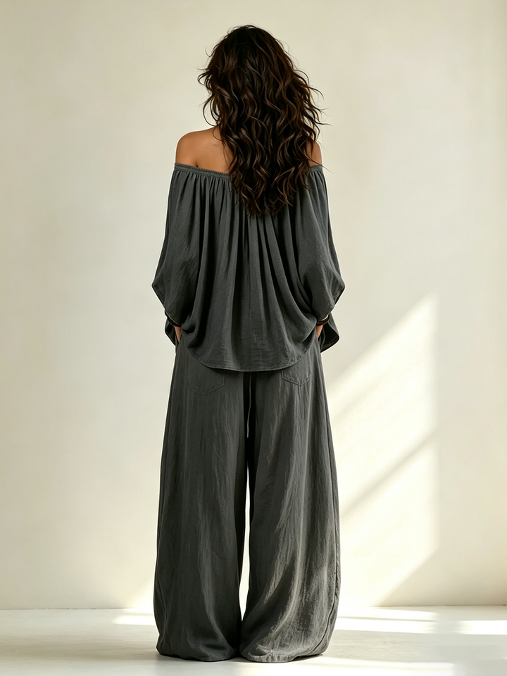 Off-The-Shoulder Dark Gray Loose Top And Pants Pure Cotton Two-Piece Set