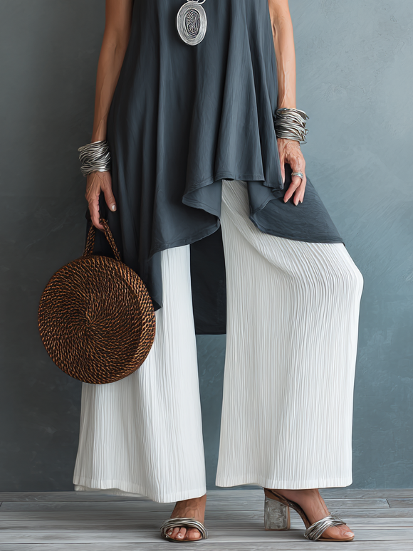 Loose Sleeveless Asymmetrical Top And Pleated Trousers Two Piece Set