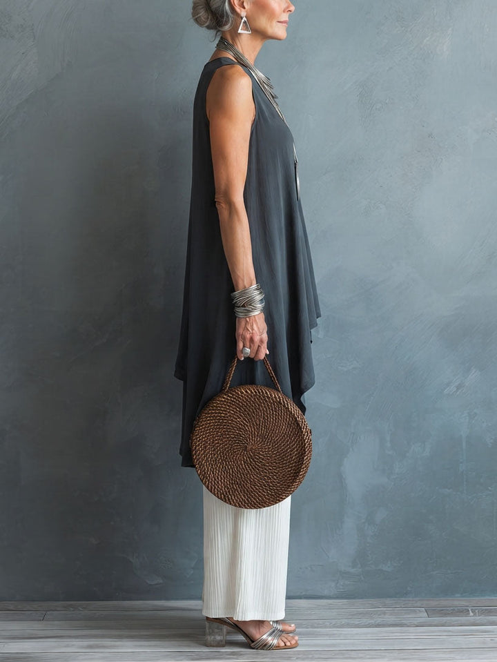 Loose Sleeveless Asymmetrical Top And Pleated Trousers Two Piece Set
