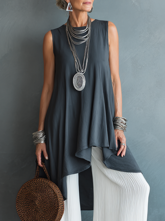 Loose Sleeveless Asymmetrical Top And Pleated Trousers Two Piece Set