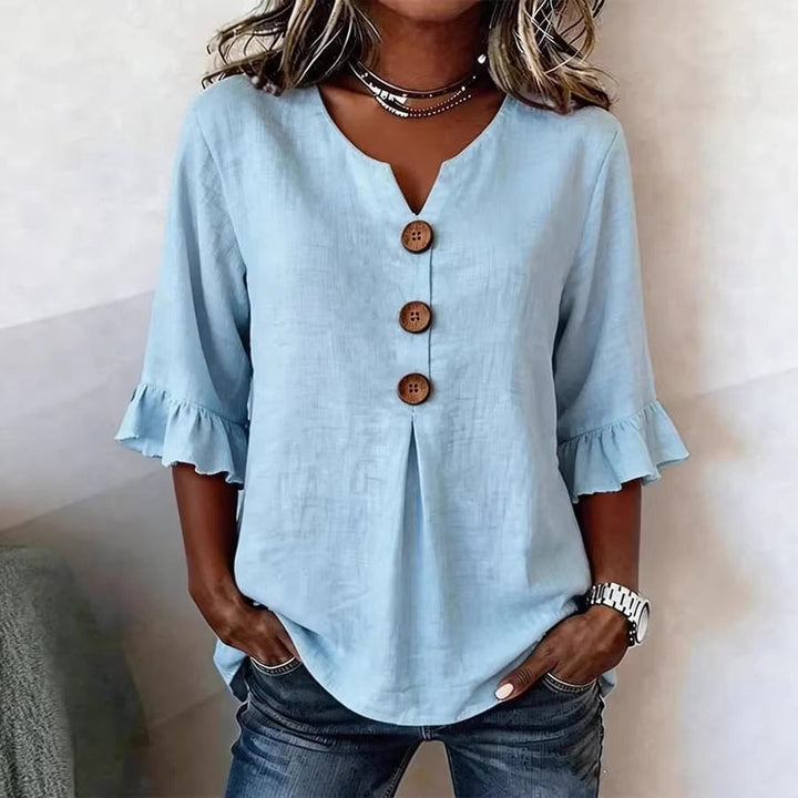 Solid V-Neck Button Ruffle Half Sleeve Casual Top